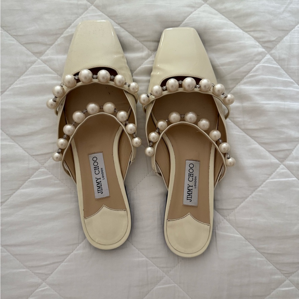 Jimmy Choo Cream Pearl-Embellished Women's Shoes Amaya Flat
